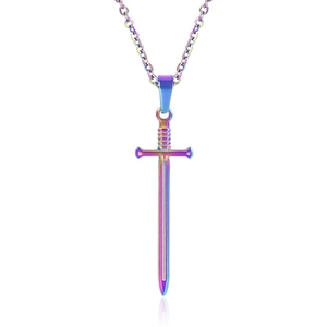 Macro shot of iridescent fencing sword pendant necklace in colorful stainless steel finish