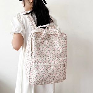 Floral print minimalist backpack in beige and pink for students and daily casual travel