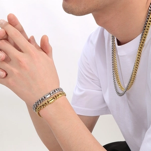 Mens stainless steel Cuban link necklace and bracelet set in gold and silver finish