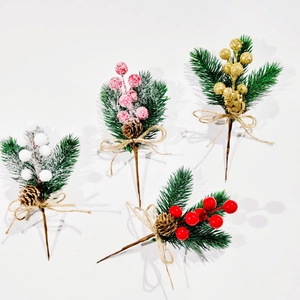 Set of 4 artificial Christmas pine picks with pinecones, berries, and burlap bows
