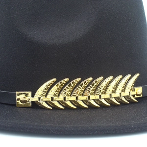 Classic black wide-brim wool fedora hat featuring a stylish gold leaf metal band accessory