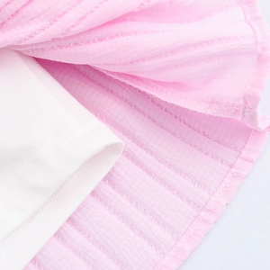 Pink tiered ruffle skirt with striped texture fabric and elastic waist for women