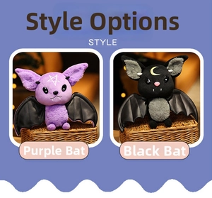 Detail view of purple star and black moon bat plush toys with leather wings