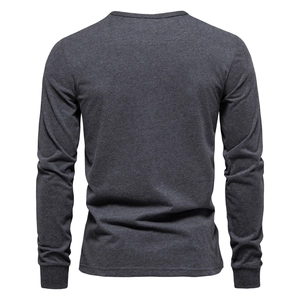 Back view of dark grey long sleeve crewneck t-shirt with premium knit texture