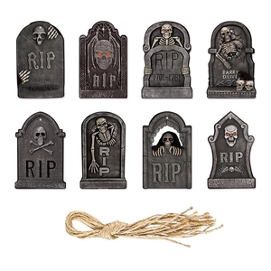 Set di 8 targhette di Halloween a forma di lapide con trama in pietra e corda