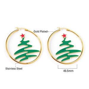 Detailed view of 49.5mm gold plated stainless steel hoop earrings with Christmas tree design