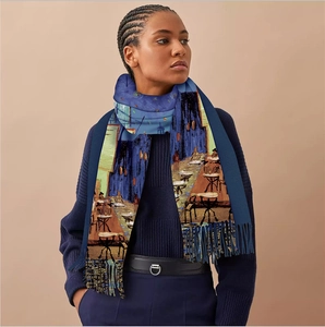 Van Gogh Cafe Terrace oil painting scarf in soft faux cashmere with fringe details