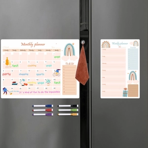 Magnetic monthly and weekly planner set for fridge with 6 colored dry erase markers