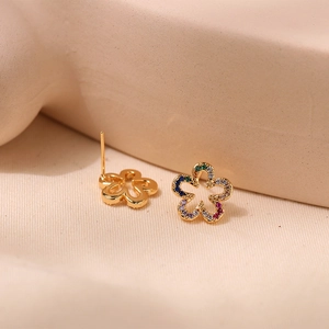 Gold plated flower stud earrings with colorful zircon stones in a five-petal design