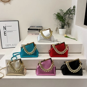 Modern glossy metallic cloud bag with gold chain handle and leather strap in six colors