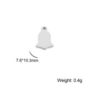 Detailed view of silver bell charm with measurements 7.6x10.3mm and 0.4g weight