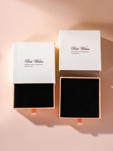 Pink and cream drawer style jewelry gift box with Best Wishes print and ribbon handle