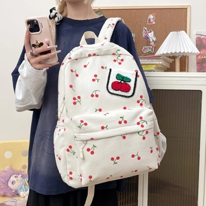 Mochila De Pana Estilo Japonés Lindo Estampado De Cerezas Cartera Moda Bordado Viaje Casual Para Mujeres Niñas