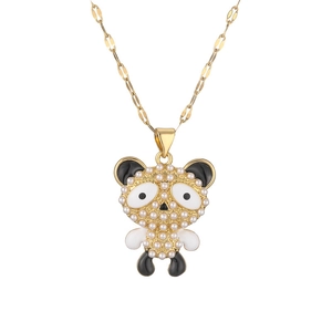 Fashionable panda necklace with gold finish, faux pearls and black enamel details