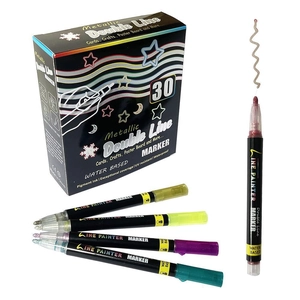 Detail of 30-pack metallic double line outline markers showing nib and writing effect