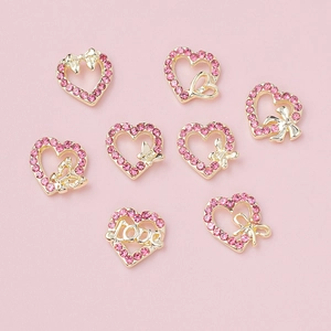 8pcs heart bow and love charm set for pink nail art decoration with gold metal and rhinestones