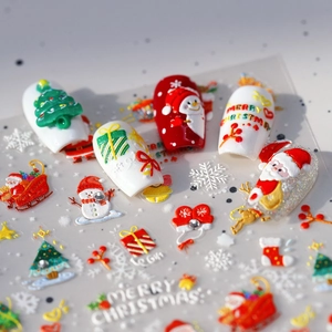 Festive 5D embossed Christmas nail stickers with Santa Claus and snowman patterns