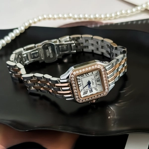 Elegant ladies square quartz watch with diamond bezel and two-tone stainless steel strap