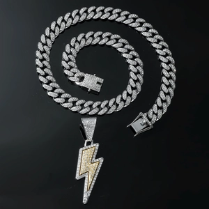 Hip hop iced out silver Cuban chain with gold and silver lightning bolt pendant set