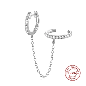 Detailed close-up of S925 sterling silver chain earrings with zircon stud and cuff