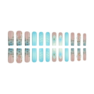 3D press-on nail kit with blue zebra print, 3D floral accents, and pearl charms