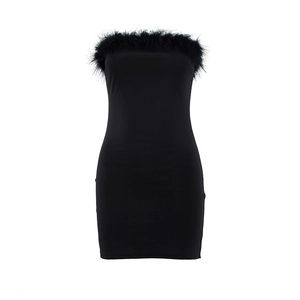 Sexy black strapless mini dress with feather trim at the neckline and a slim fit cut