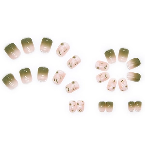 Green and pink gradient press-on nails with white camellia flowers and tiny pearls