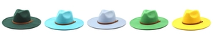 Detail of colorful wide brim wool fedora hats with premium brown leather decorative bands