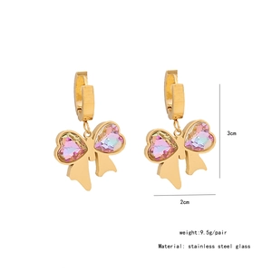 Detailed dimensions of gold bow earrings with pink heart glass and stainless steel info