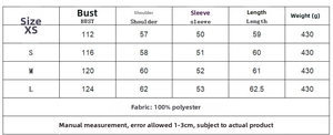 Detailed size chart for animal print cotton jacket with measurements and fabric composition