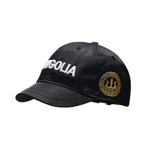 Black cotton baseball cap with white MONGOLIA embroidery and yellow side crest badge