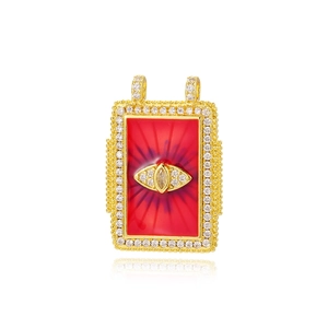 Vintage gold rectangle pendant with red enamel eye and sparkling zircon stones