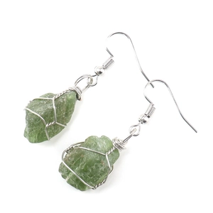 Handmade silver wire wrapped natural green crystal raw stone drop earrings for women