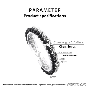 Detail view of men's stainless steel chain and 6mm black agate bead bracelet with specs