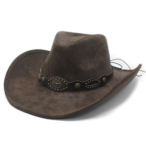 Retro Western Cowboy Hat Faux Suede PU Leather Wide Brim Bull Head Metal Badge Vintage Ethnic Style For Men Women