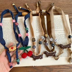 Handmade Fabric Ribbon Necklace With Knitted Cherry And Resin Dachshund Pendant Colorful Beads Long Sweater Chain Retro Accessory