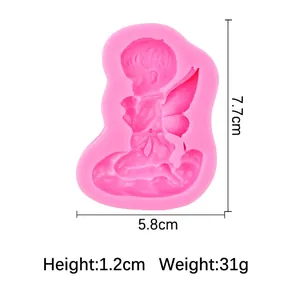 Pink silicone angel mold for fondant or DIY clay with size markings of 7.7x5.8x1.2cm