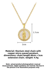 Detail view of gold Virgin Mary pendant with dimensions 2cm by 2.7cm on 45cm chain