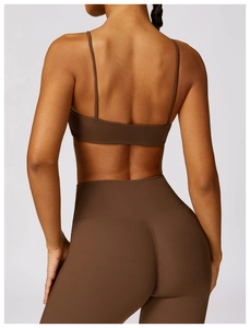 Rückenansicht von dunkelbraunem Yoga-Set mit Sport-BH und hoch taillierter Leggings