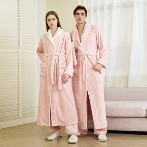 Pink coral fleece couple bathrobe set with long sleeves and matching lounge pants