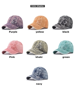 Detailed color display of vintage distressed baseball caps with ripped denim effects