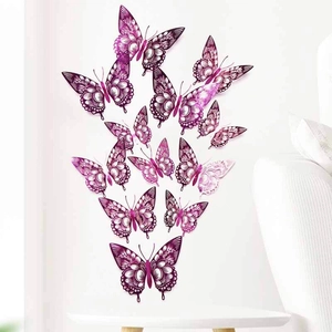 3D hollow purple butterflies with metallic luster fluttering on a modern white wall
