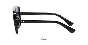 Detailed side view of black oversized sunglasses with metal hinge rivets and thick temples