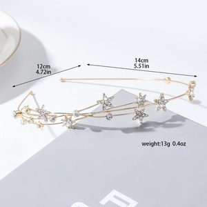 Elegant gold rhinestone star headband with size measurements and weight display