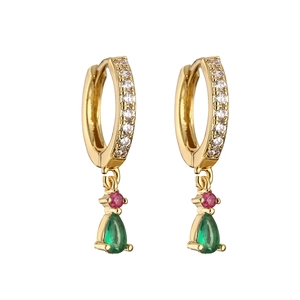 Boucles d'oreilles créoles dorées 18 carats avec pierre rouge et cristal vert en poire