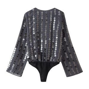 Sparkly dark grey sequined long sleeve bodysuit for women with a deep V-neckline cut
