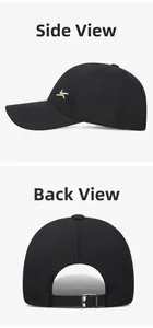 Detail of black baseball cap with side embroidery and adjustable silver metal buckle back