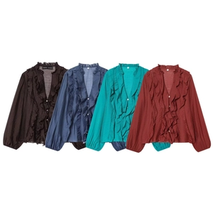 Women's V-neck ruffle chiffon long sleeve shirts in four colors with lantern sleeves