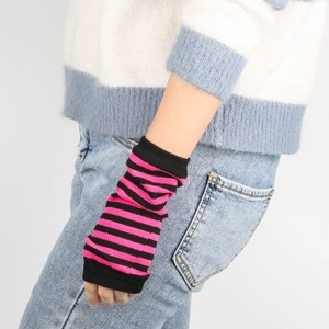 Detail of pink and black striped knitted fingerless gloves with elastic cuffs close-up