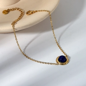 French Retro 14K Gold Plated Stainless Steel Round Blue Lapis Lazuli Gemstone Lucky Bracelet For Women Waterproof